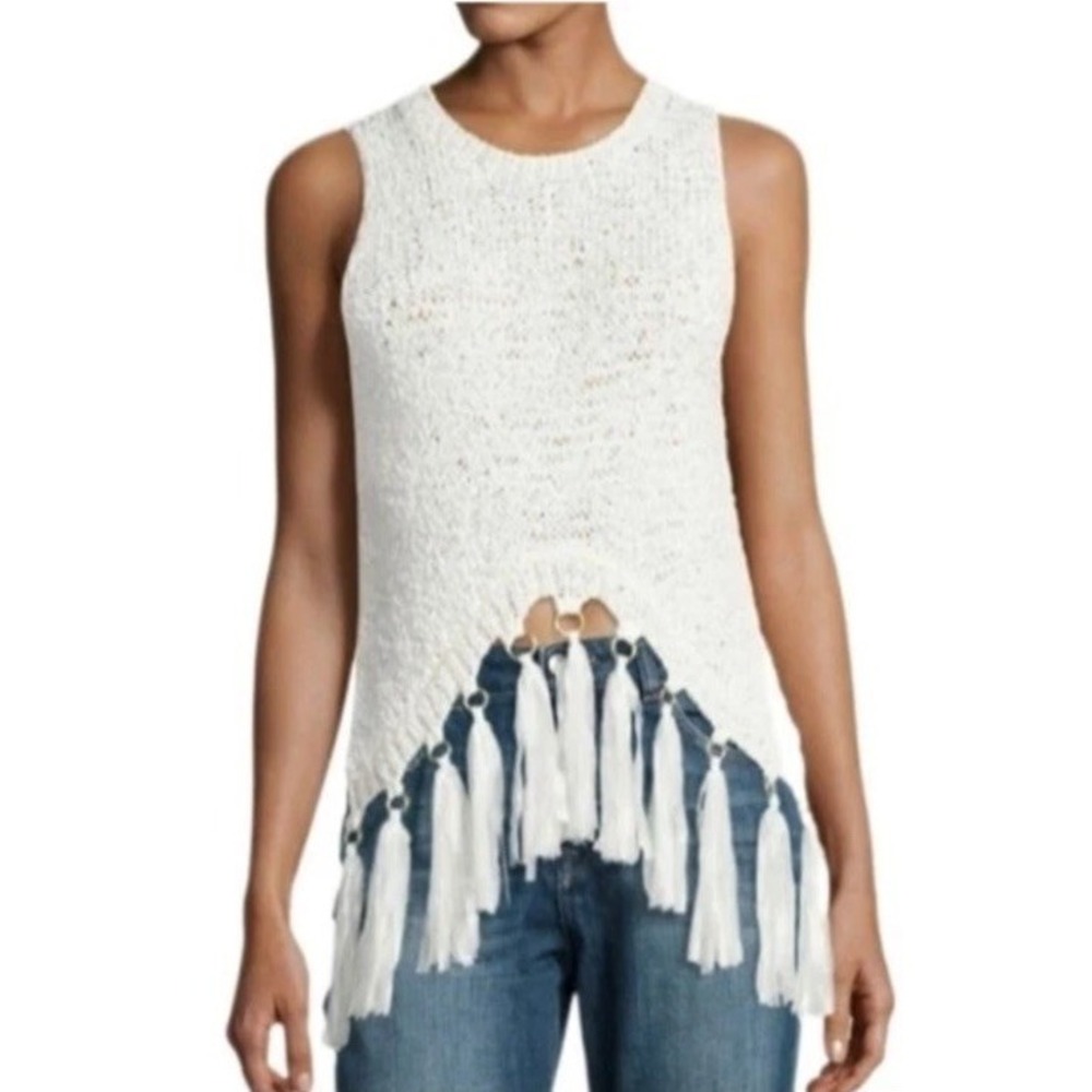 A.L.C. Carmelita Knit Tassel Trim Tank Womens XS White Party Festival Contempory